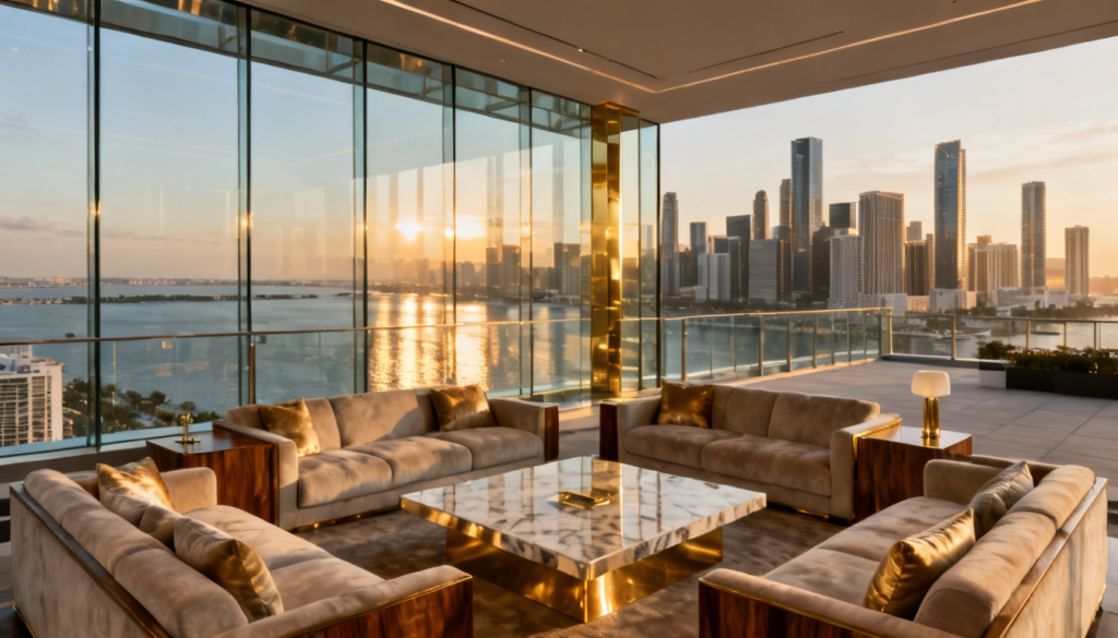 Interior of the glass-enclosed Sky Lounge Observatory on the 46th floor of The Residences at 400 Central in downtown St. Petersburg, offering panoramic views of Tampa Bay and the Gulf of Mexico