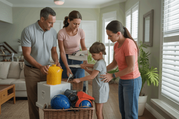 Hurricane Preparedness 2026 in Southwest Florida: Family checking emergency kit and evacuation plan ahead of the 2026 Atlantic hurricane season in Fort Myers and Naples