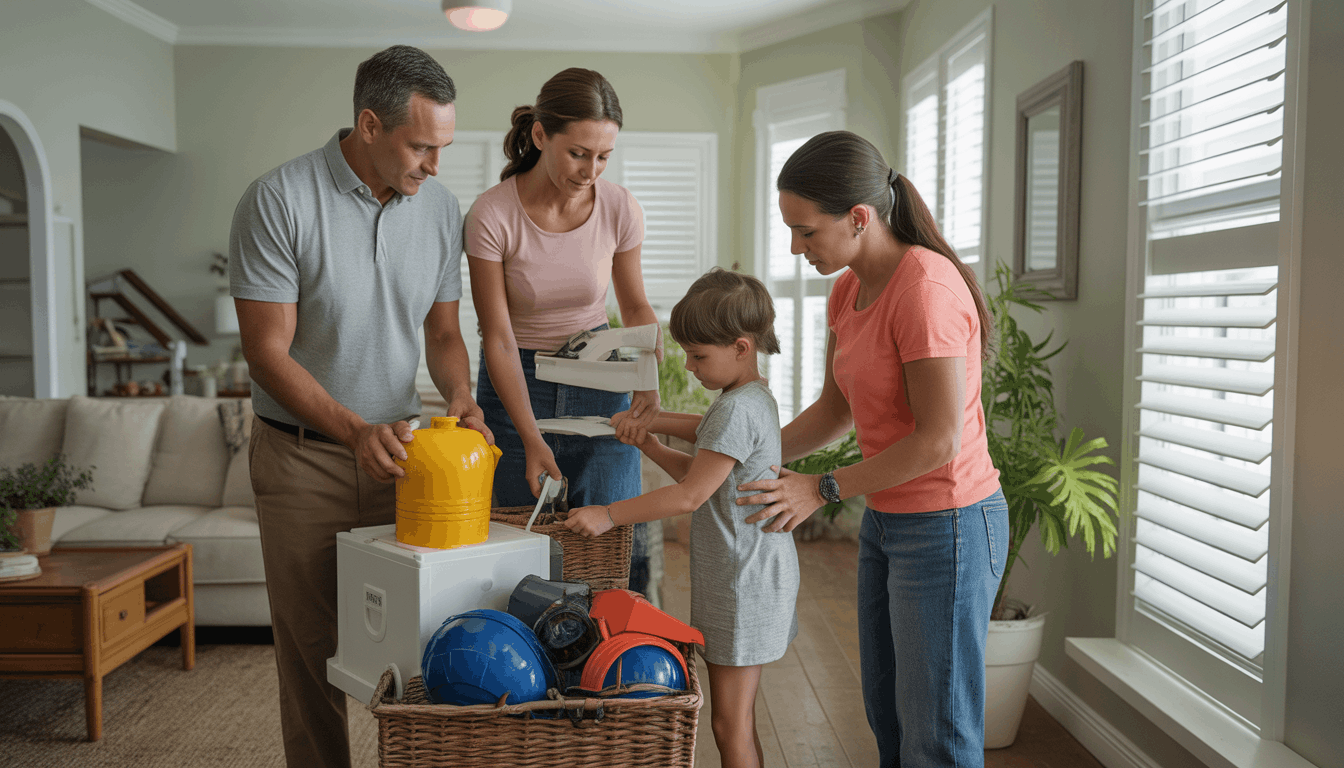 Hurricane Preparedness 2026 in Southwest Florida: Family checking emergency kit and evacuation plan ahead of the 2026 Atlantic hurricane season in Fort Myers and Naples