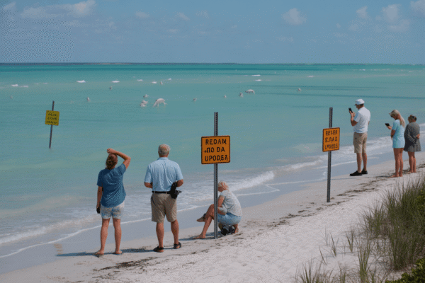 Red Tide Update 2026 Southwest Florida: Low-level Karenia brevis blooms affecting beaches from Fort Myers to Naples, showing environmental impact on marine life and tourism concerns in 2026