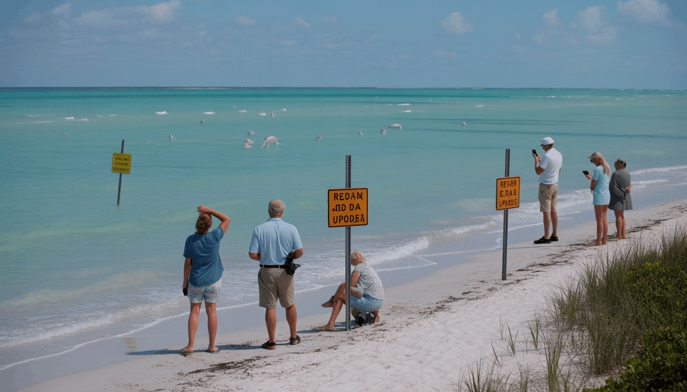 Red Tide Update 2026 Southwest Florida: Low-level Karenia brevis blooms affecting beaches from Fort Myers to Naples, showing environmental impact on marine life and tourism concerns in 2026