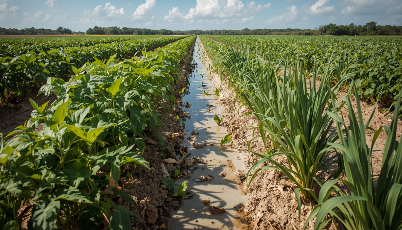 Southwest Florida farmers planting salt-tolerant tomatoes peppers and rice in coastal fields impacted by rising sea levels and saltwater intrusion