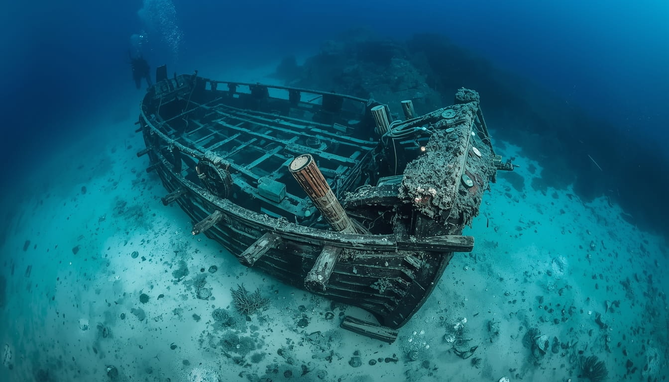 Diver exploring rare 300-year-old Spanish galleon wreck discovered off Sanibel Island in Southwest Florida Gulf of Mexico after powerful storm